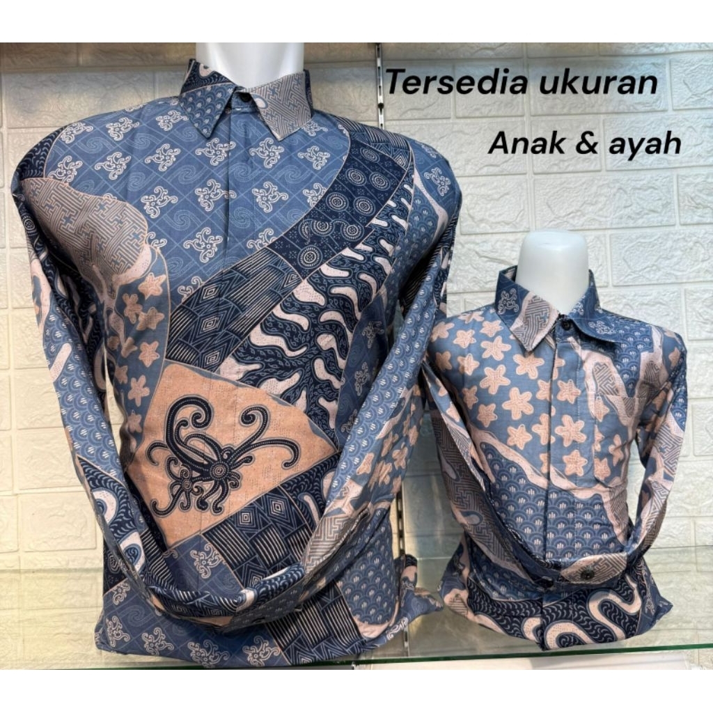 batik biru muda couple anak dan ayah lengan panjang pria