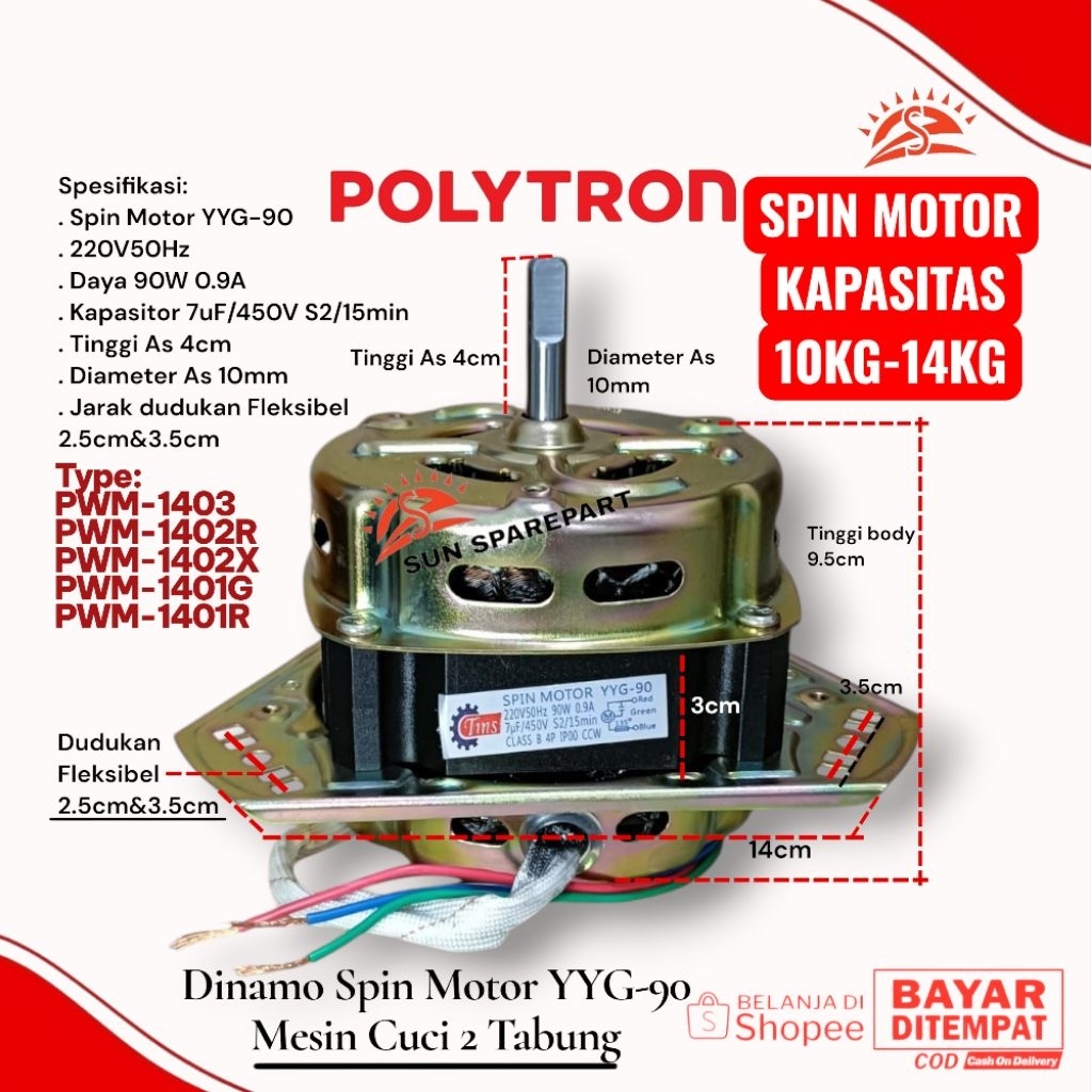 Dinamo Spin motor 90W kapasitas 10KG-14KG Mesin cuci Polytron 2 Tabung PWM-1403 PWM-1402R