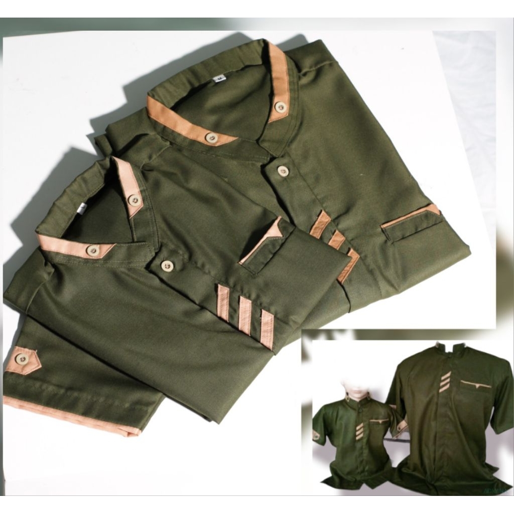 Baju koko anak laki koko couple ayah anak muslim warna army lengan pendek katun polos