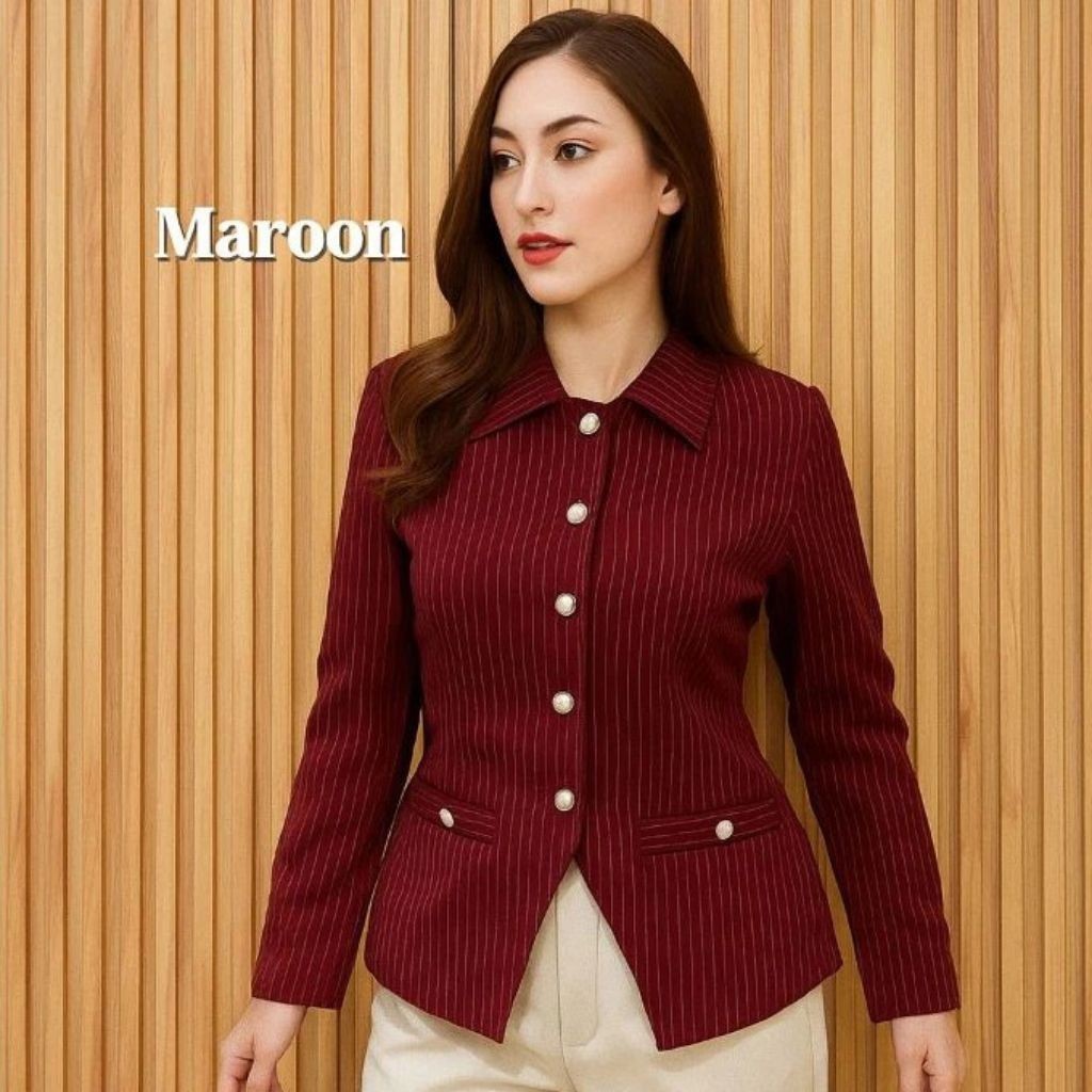 Luna Blazer Garis-Garis Semiwoll Wanita Casual
