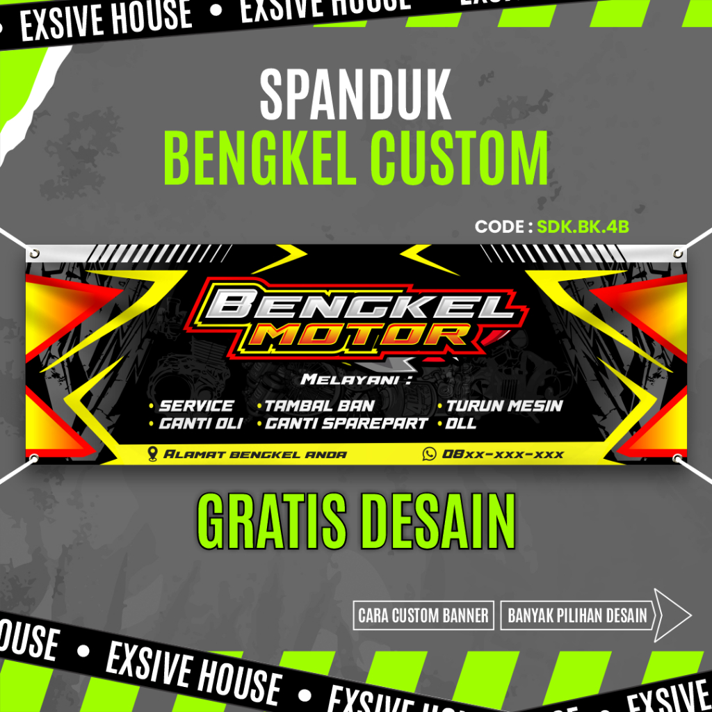Jasa Print Spanduk Bengkel Motor Panjang, Spanduk Custom Free Desain
