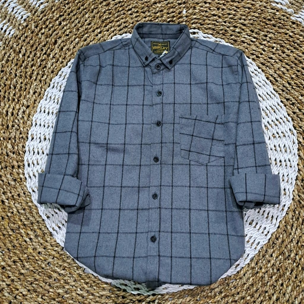Kemeja Flanel Dewasa Lengan Panjang Abu Garis Hitam Slimfit