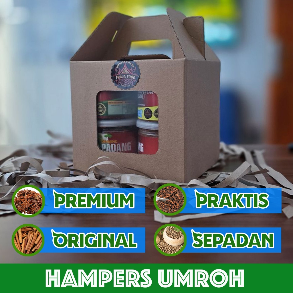 

Hampers Umroh Rendang + Dendeng Premium Padang Lansano 150g x 8 kaleng Halal siap saji.