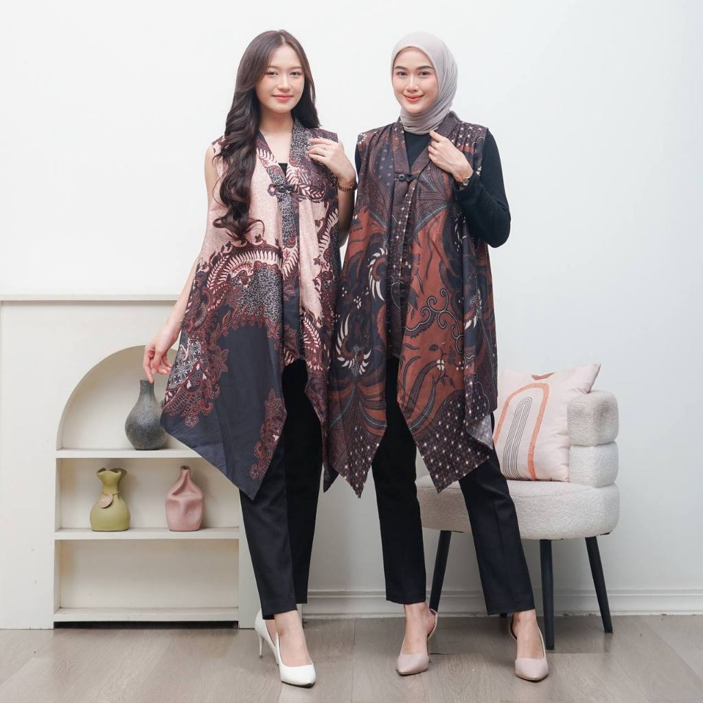 DebbyStore - DAHLIA VEST Long Outer Tanpa Lengan Batik Poli  Rompi Panjang Cardigan Wanita Kondangan