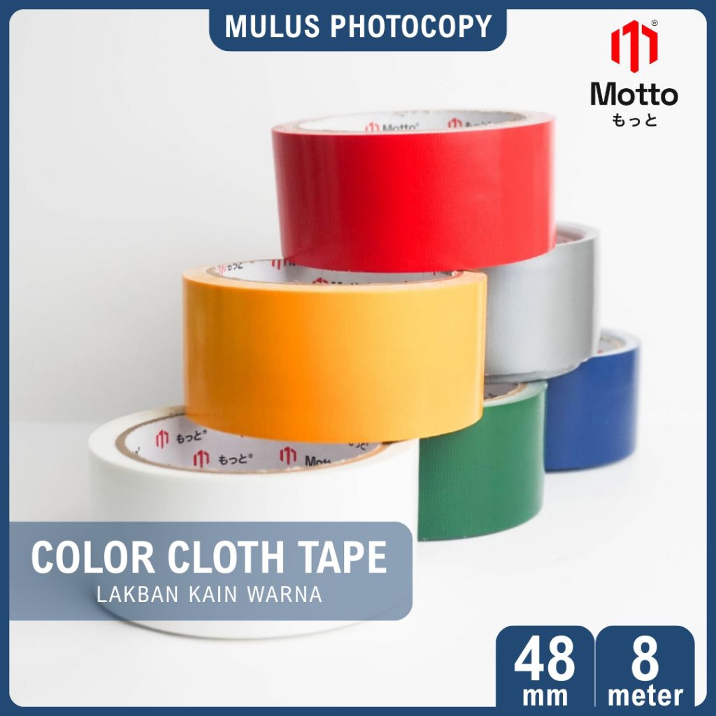 

Lakban Kain Warna / Cloth Tape Motto Tape 48 mm x 8 meter Lakban Merah Kuning Hijau Biru Putih Silver 2" inch