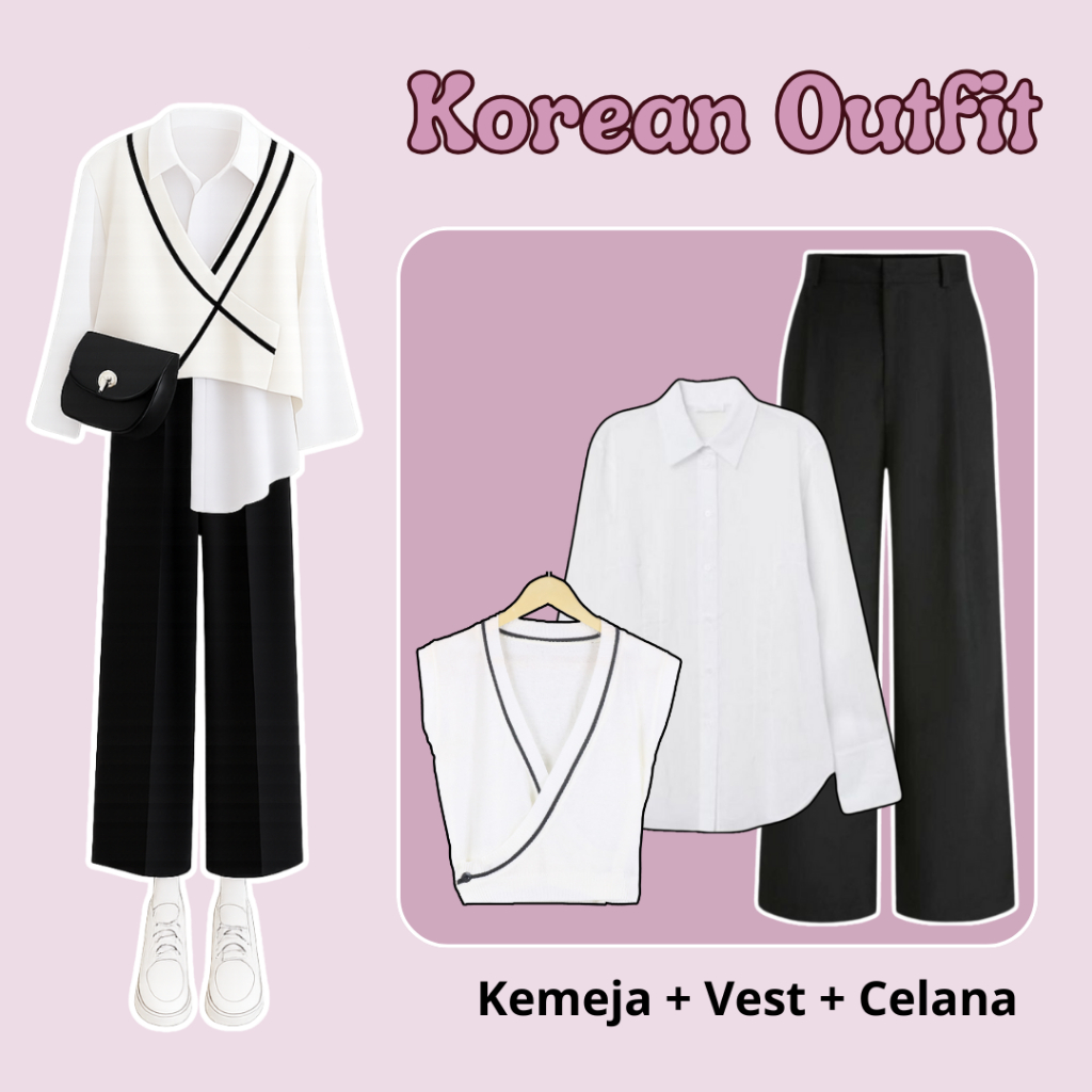 Ootd Wanita Korea Set Vest Rajut Kemeja Celana | Set Outfit Wanita Korea Stylish Nyaman ROS017