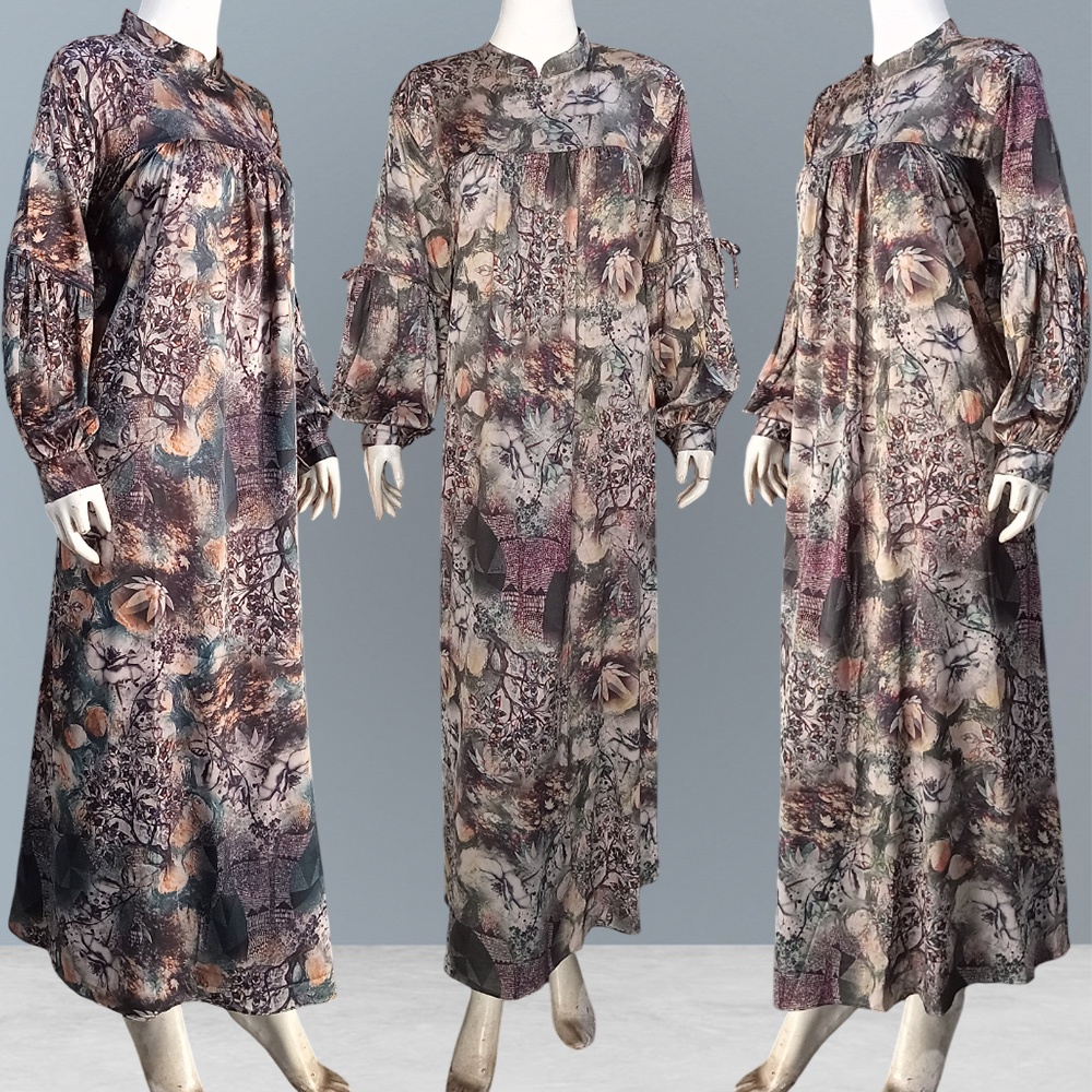 Gamis Armani Silk Motif Abstrak Kerah Shanghai Lengan Kancing Jumbo