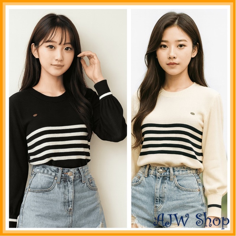 AJW Atasan Rajut Wanita Round Neck Vest Stripe Lengan Panjang Knit Premium XCD | Vest Rajut Stripe A