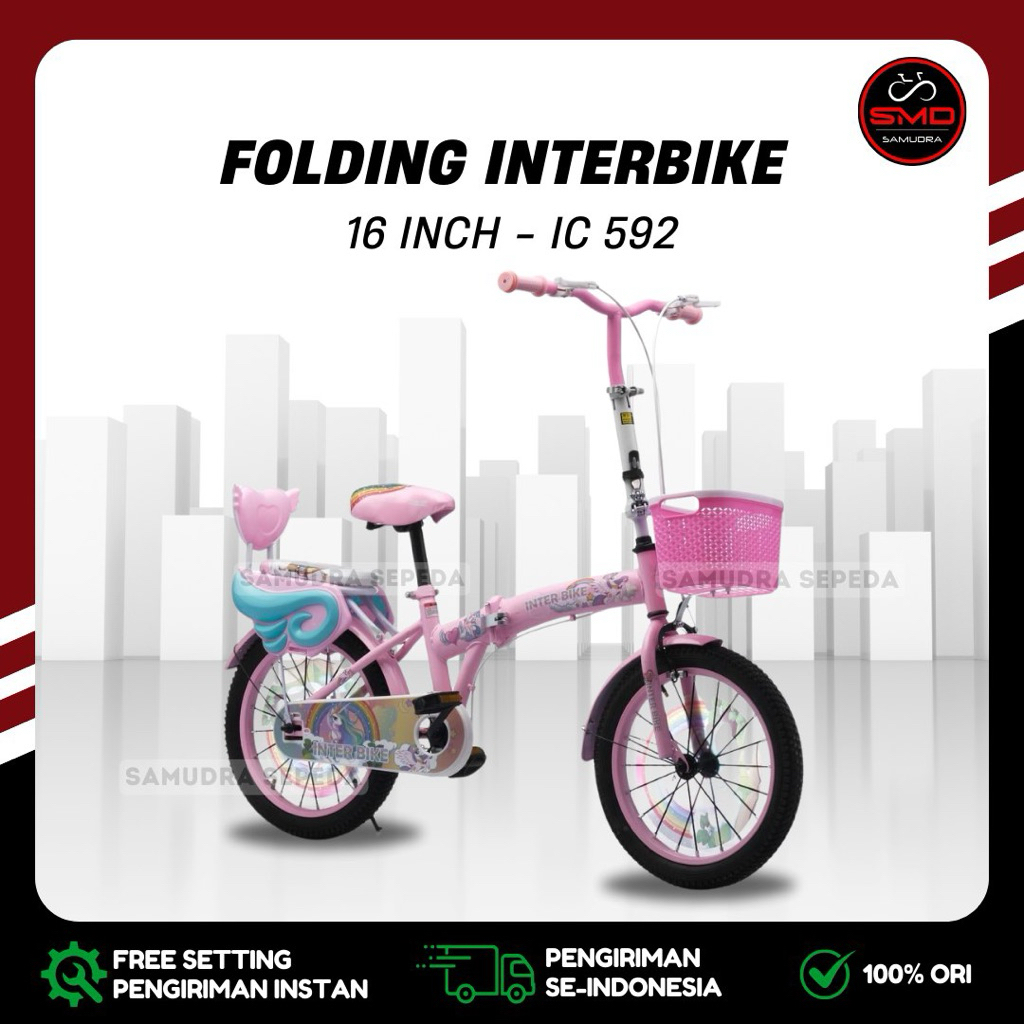 Sepeda Lipat Folding Anak Perempuan/Laki” 16 Inch Merk Interbike ic592 Keranjang Murah BDG
