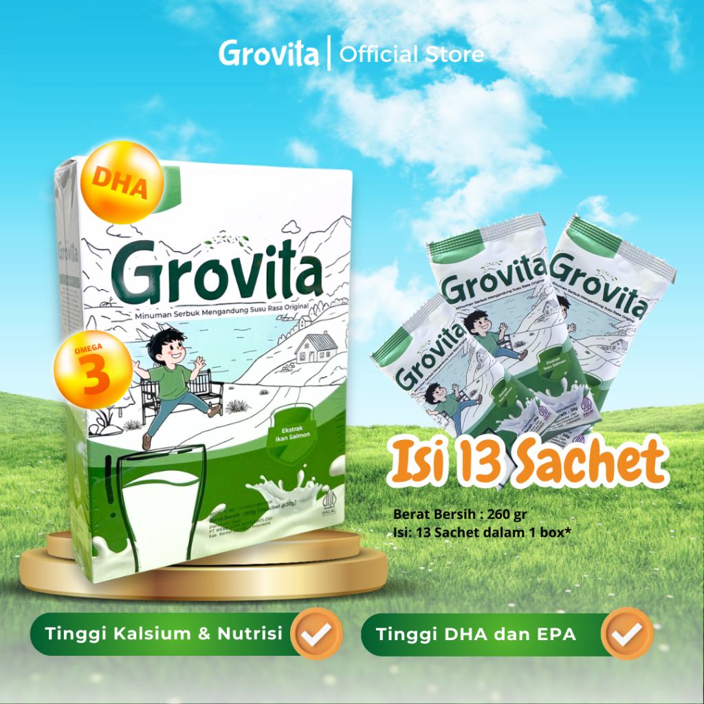 

Grovita - Susu Pertumbuhan Anak dari Ekstrak Ikan Salmon [1 Box Berisi 13 Sachet]