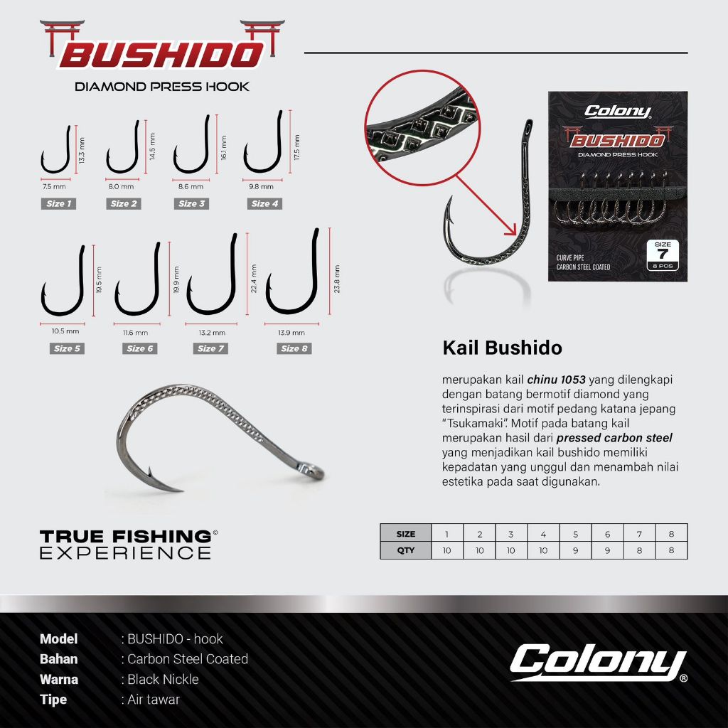 Kail Pancing COLONY BUSHIDO CHINU 1053 Kail Type Besar Ukuran 1-8 Diamond Press Hook Bermotif Tsukam