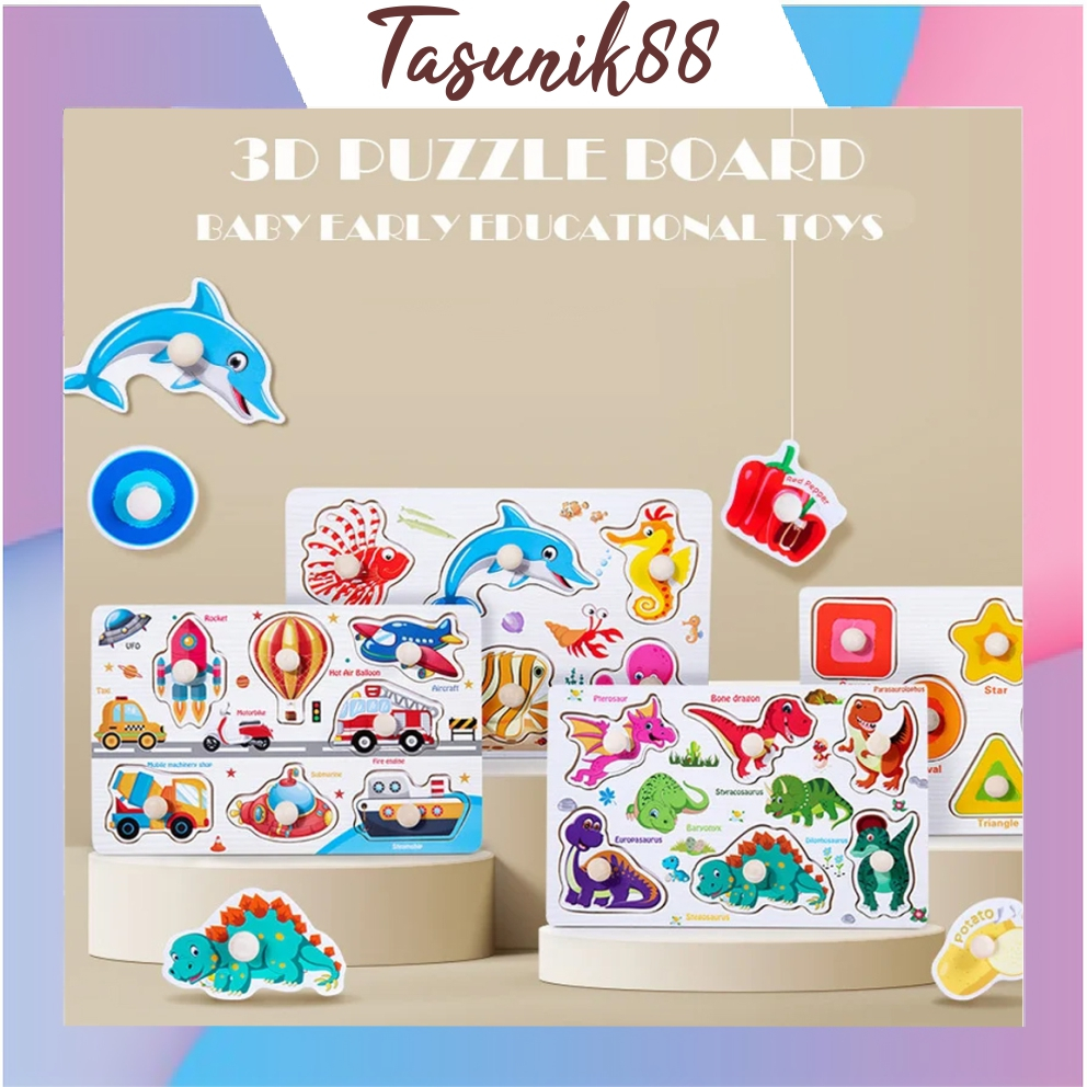 ⭐TasUnik88⭐ Mainan Edukasi Anak Puzzle Kayu Knob Background Bergambar Kognitif Wooden Toys Mainan Ba