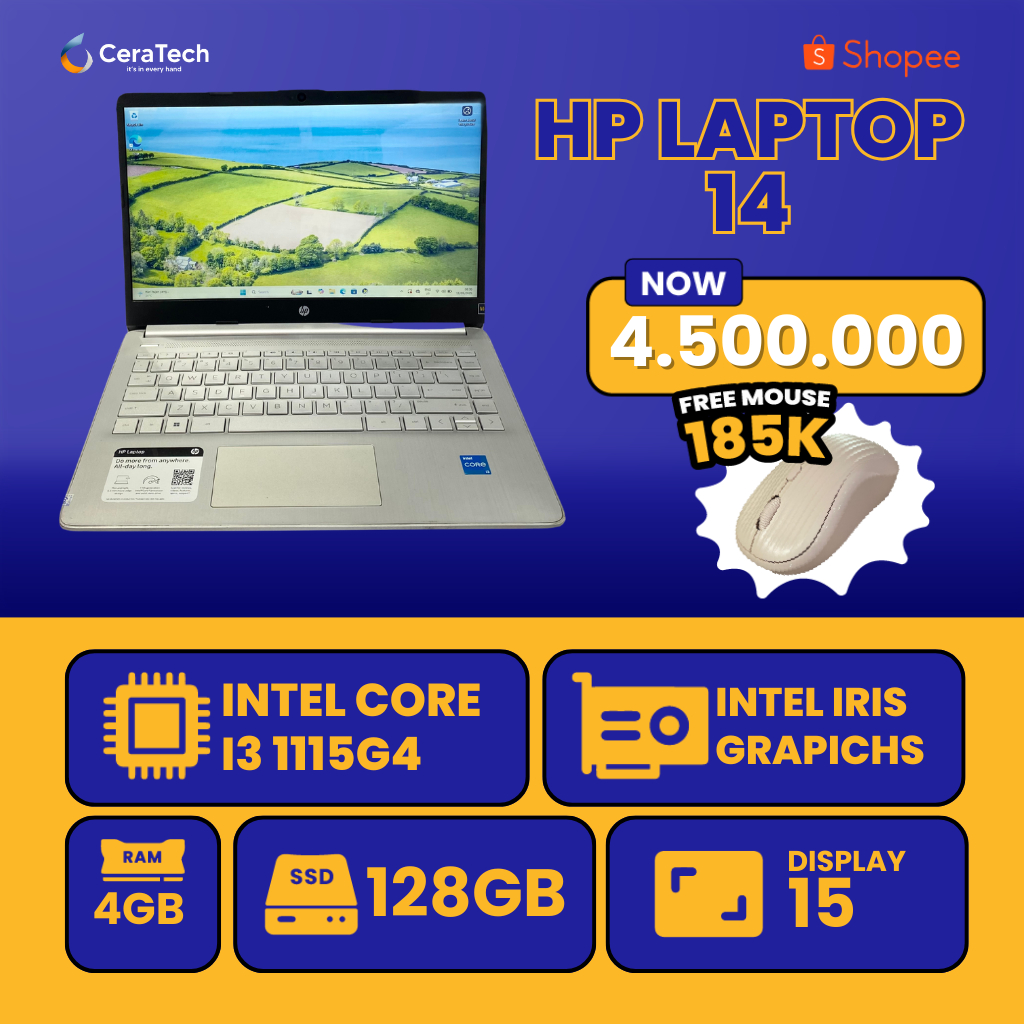 LAPTOP TERMURAH SEJOGJA  HP LAPTOP 14 - Intel Core I3 Gen 11 - HP LAPTOP 14 I3 Gen 11, Ram 4 SSD 128