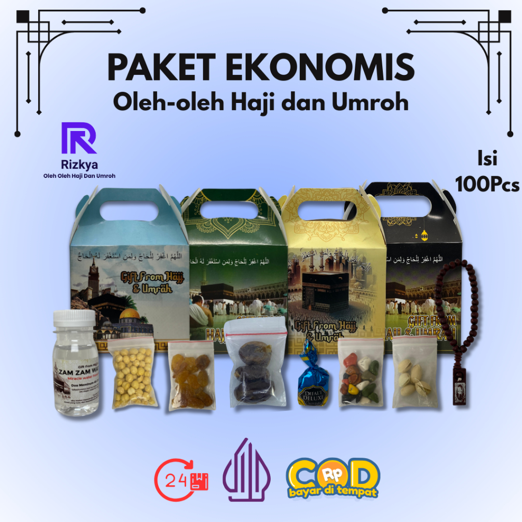 

Paket Ekonomis 100Pcs Oleh-oleh Haji dan Umroh Isi Air Zamzam Dus Tenteng
