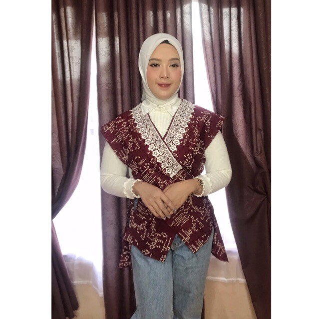 Outer Bordir Vest Brokat Embroidery Wanita Outer Brokat Batik Lace Maroon - All Size