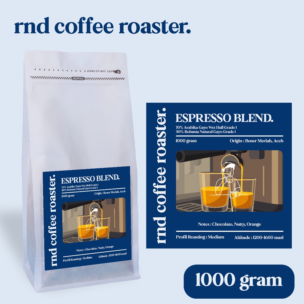 

ESPRESSO BLEND KOPI GAYO ARABIKA WET HULL ROBUSTA NATURAL GRADE 1 70:30 1000 GRAM - BIJI KOPI BUBUK - RND COFFEE ROASTER