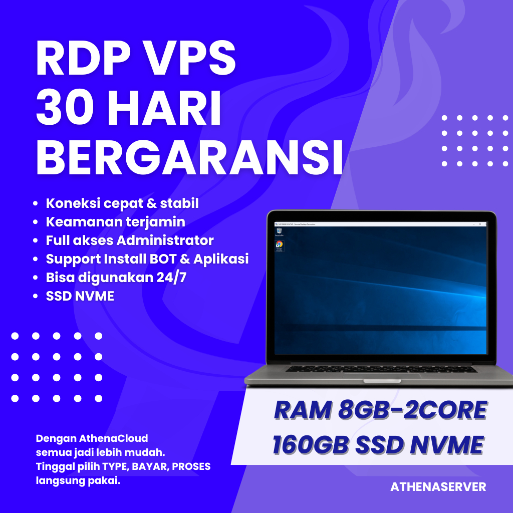 RDP / VPS 2vCPU - 8GB RAM NVMe Windows Full Admin Murah Bergaransi - Athenaserver