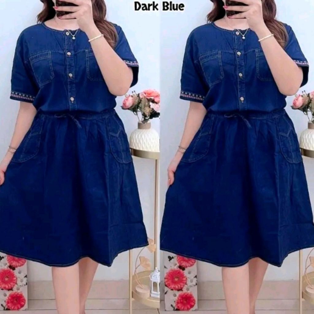 Dress Jeans Serut Baju Wanita Full Denim Tali Pinggang Navy Terbaru