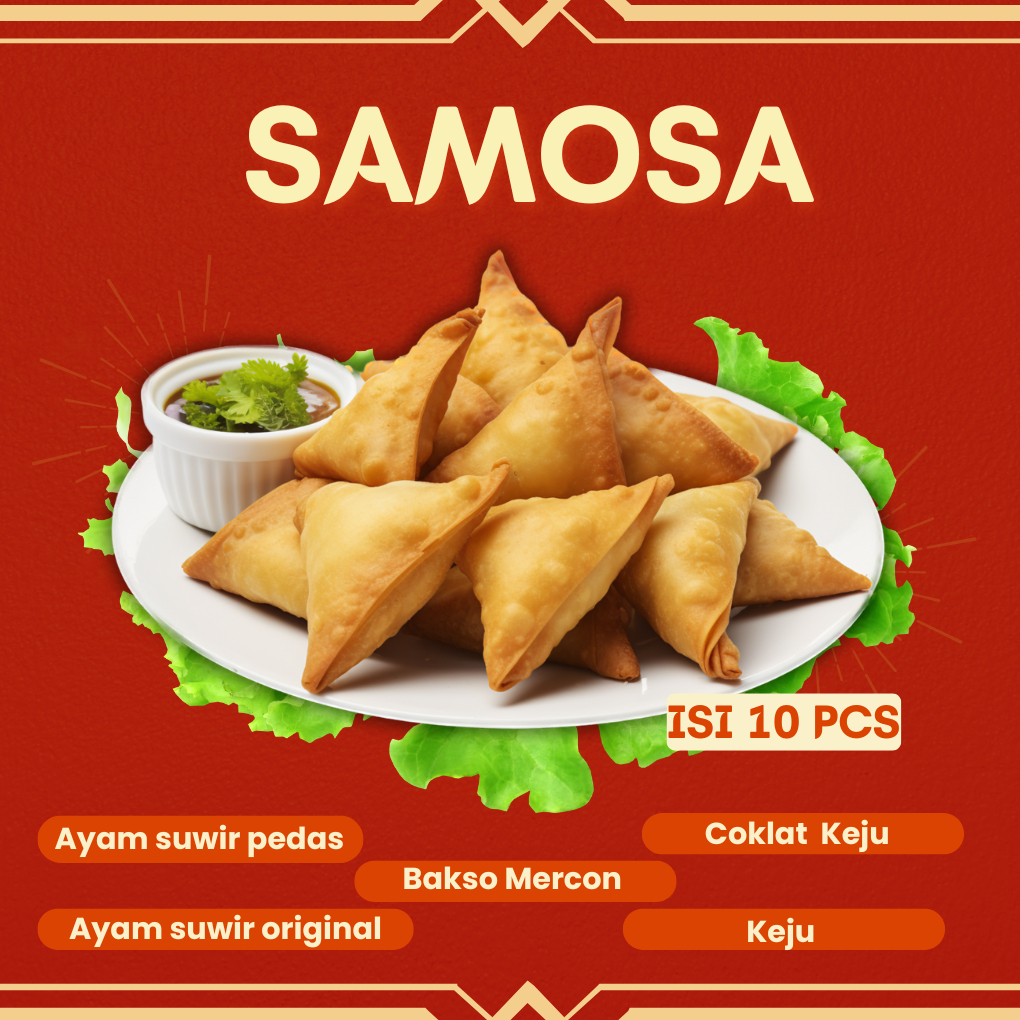 

SAMOSA Ayam Suir Pedas Original Bakso Mercon Cokelat Keju Isi 10 Pcs