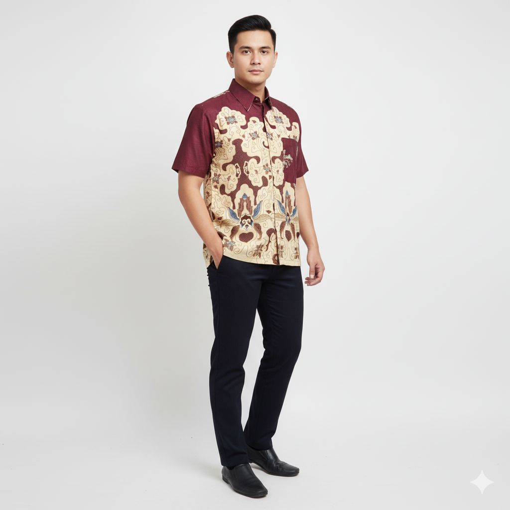 Batik Pria Lengan Pendek Burgandi Katun HM7539 | Baju Batik Cowok Seragam Pesta Pernikahan, Kantor, 