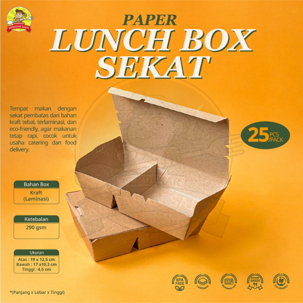 Lunch Box Kraft Sekat 2 Ukuran L Laminasi/Paper Lunch Box Sekat 2 Food Grade
