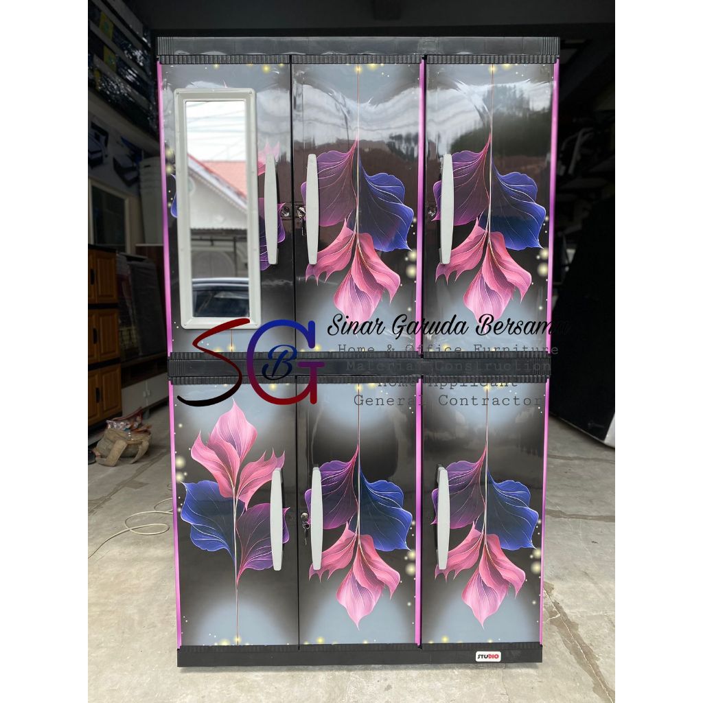 LEMARI PENYIMPANAN PLASTIK 6 PINTU MOTIF BUNGA ELEGAN / LEMARI PLASTIK MOTIF BUNGA MEWAH DENGAN KACA