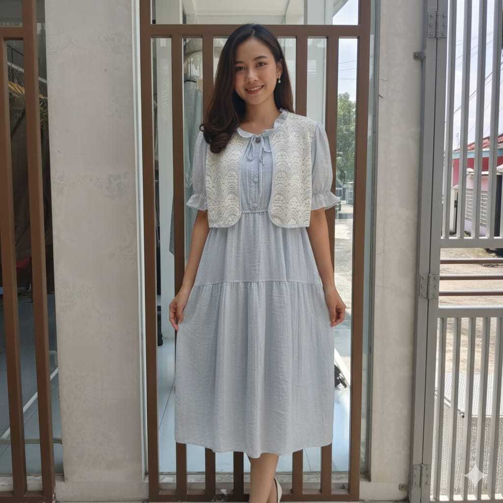 Dress Midi Renda Korea Vintage Puff Sleeve – Casual Elegan Muslimah Daily Outfit