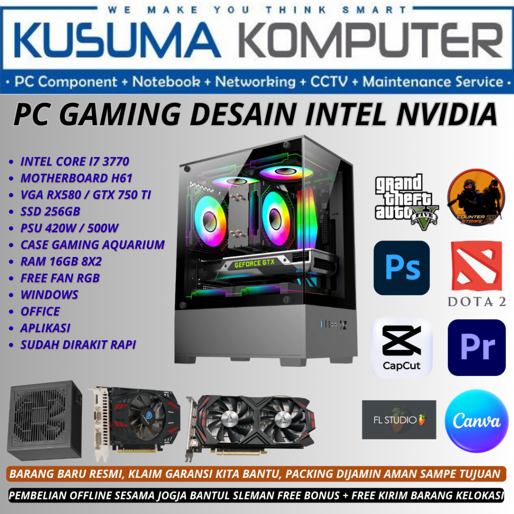 PC Komputer Desain Gaming intel Core i7 3770 / VGA RX 580 / VGA 750 TI 4GB / 16GB RAM