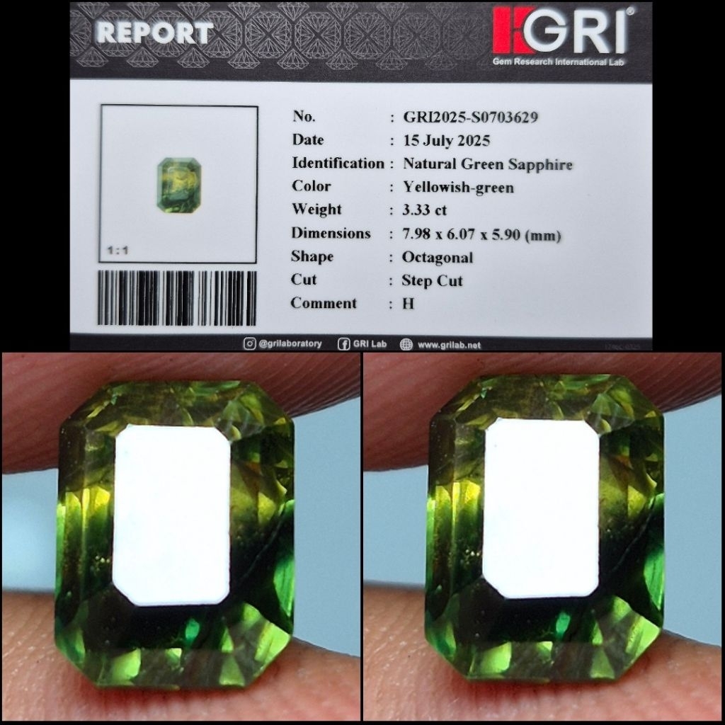 Green Sapphire 3.33 crt Natural Yellowish Green Color Memo GRI Lab