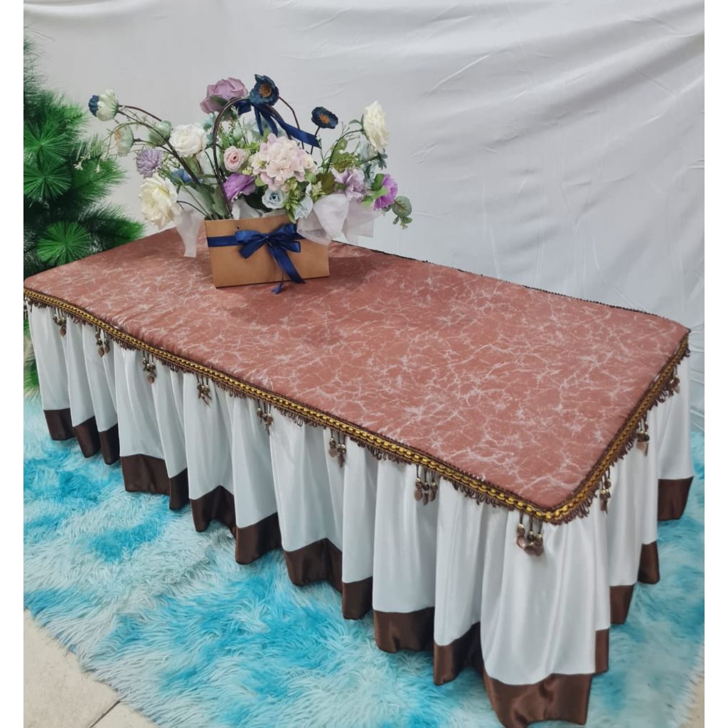 Taplak Meja Tamu Rumbai Motif Marmer  - Taplak Meja Tamu Homemade - Taplak Meja Tamu Rumbai Renda - 