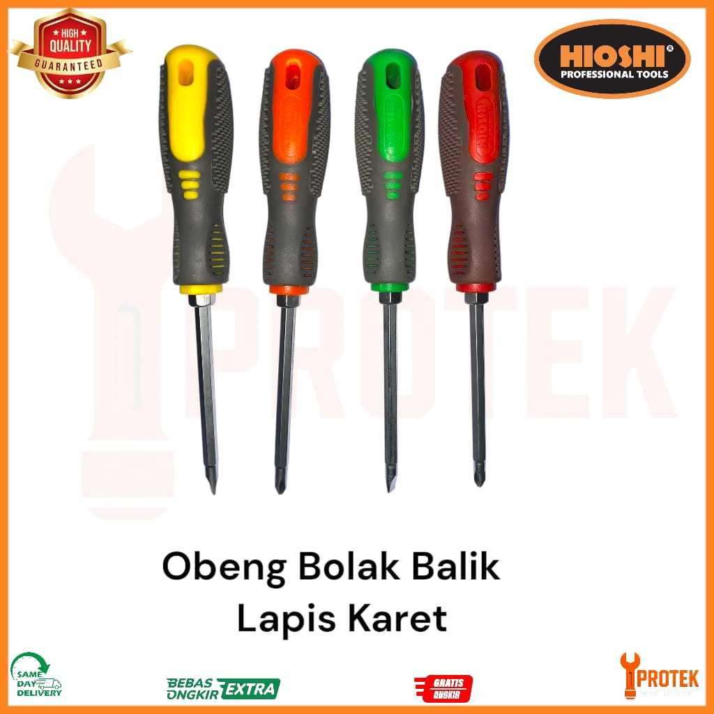 Obeng Bolak Balik 20cm Obeng Plus dan Minus HIOSHI Obeng Gagang Karet 2 in 1 panjang 20cm