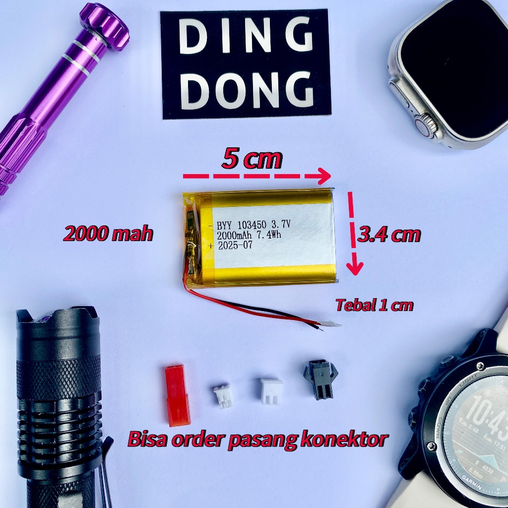 DING DONG BATERAI LIPO 2000MAH 103450 3.4X5 CM TEBAL 1 CM BATRE LITHIUM POLYMER 2000 MAH 3.4 X 5 CM 