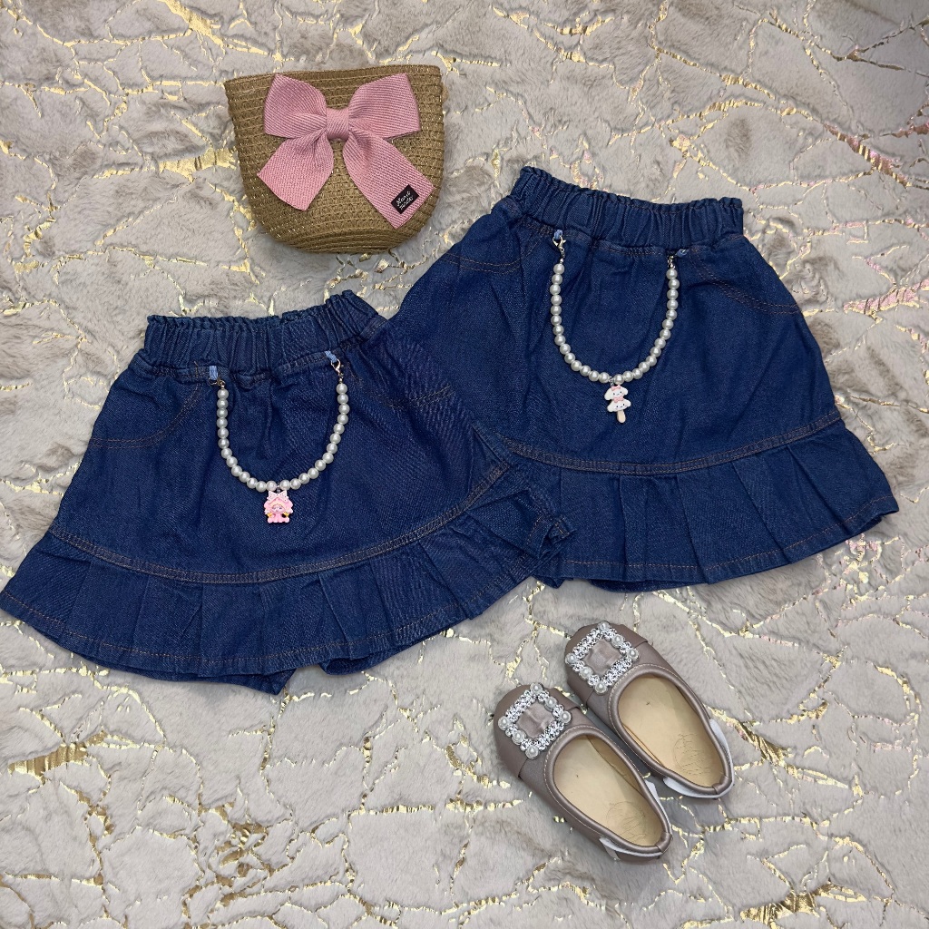 Bianca Rok Celana Pendek Jeans Anak Perempuan Accesories Mutiara Liontin Denim Katun