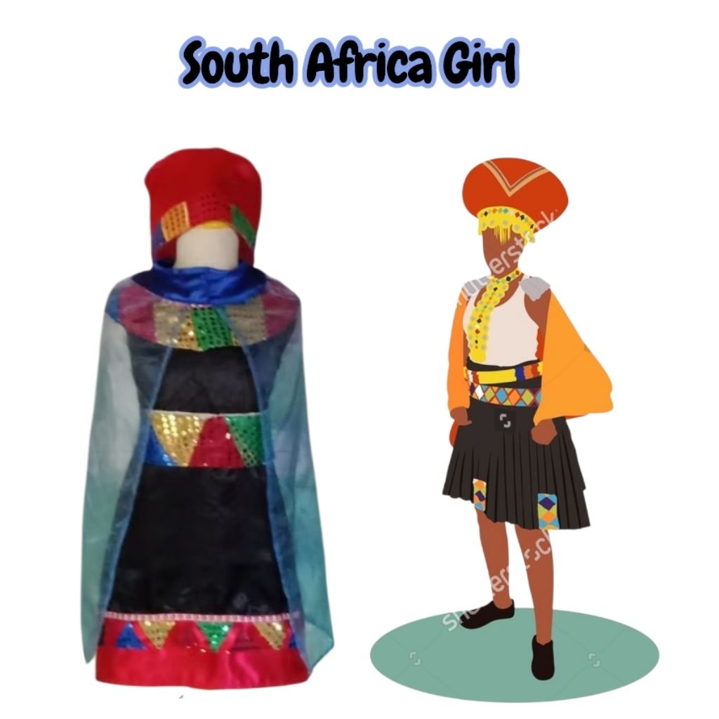 Afrika Selatan Size Girl Dan Dewasa/Baju Negara Afrika Selatan/Kostum Benua Afrika/Traditional Costu