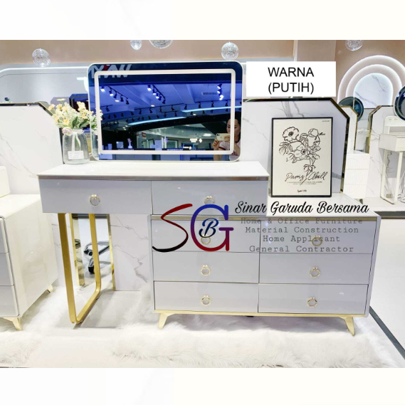 MEJA RIAS PUTIH IMPORT DENGAN CERMIN LED TOUCHSCREEN / MEJA RIAS IMPORT + RAK RAK PENYIMPANAN TERTUT
