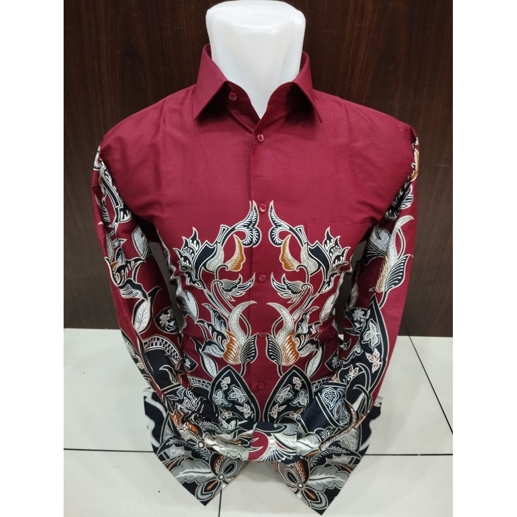 Alisan Kemeja Batik Pria Bunga Cream Lengan Panjang Slimfit