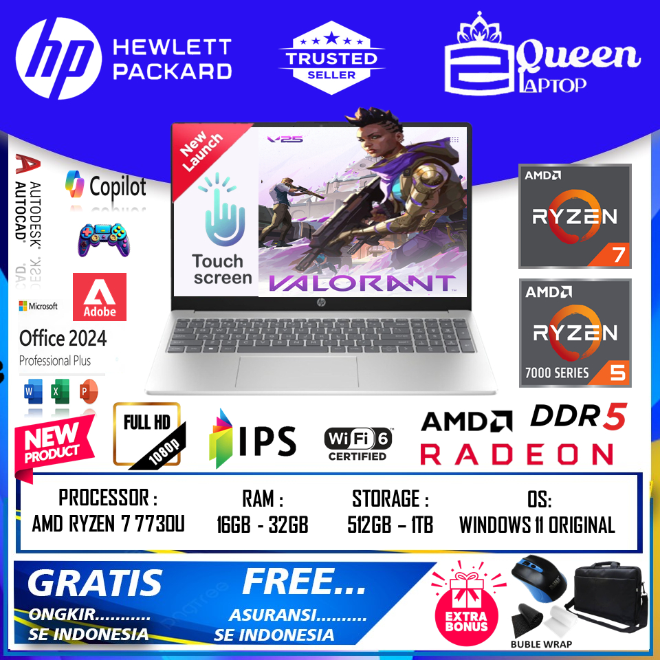 Laptop Touchscreen HP 15 AMD RYZEN 7 7730U  Ryzen 5 7520U Ram 64gb 1TB FHD IPS original terlaris