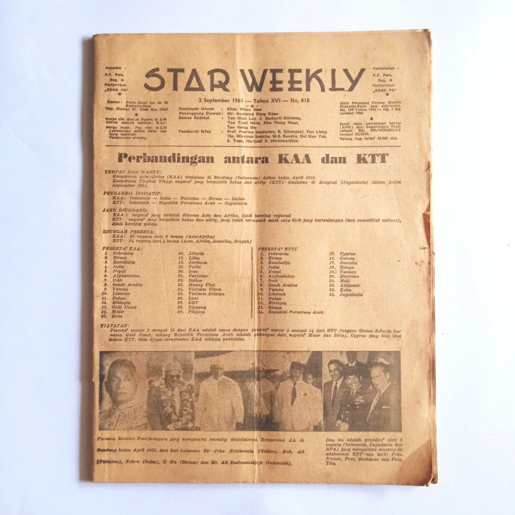Antik Vintage Majalah Lama STAR WEEKLY Tahun XVI No.818 2 September 1961 Artikel KTT Non Blok Pertje