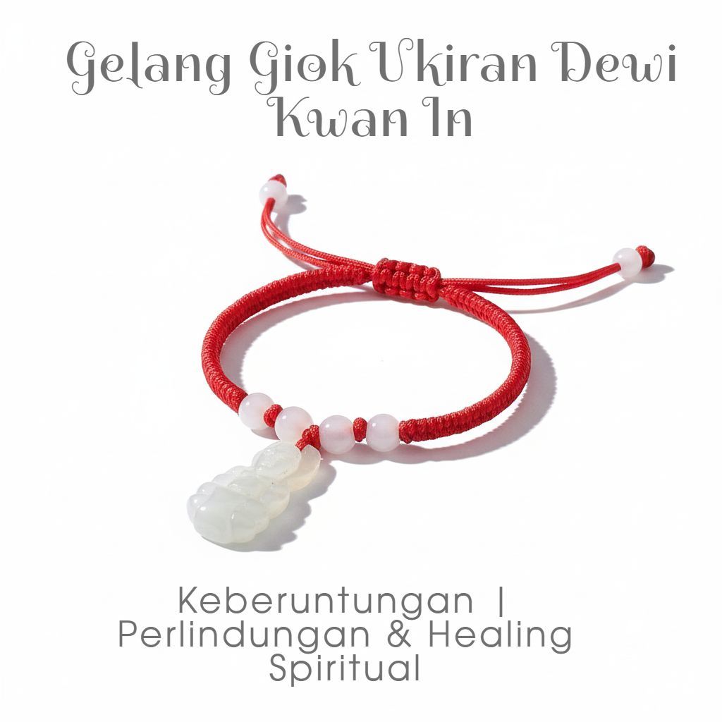 Gelang Tali Merah Giok Dewi Kwan Im | Gelang Welas Asih & Ketenangan | Gelang Tali Pria Wanita Adjus