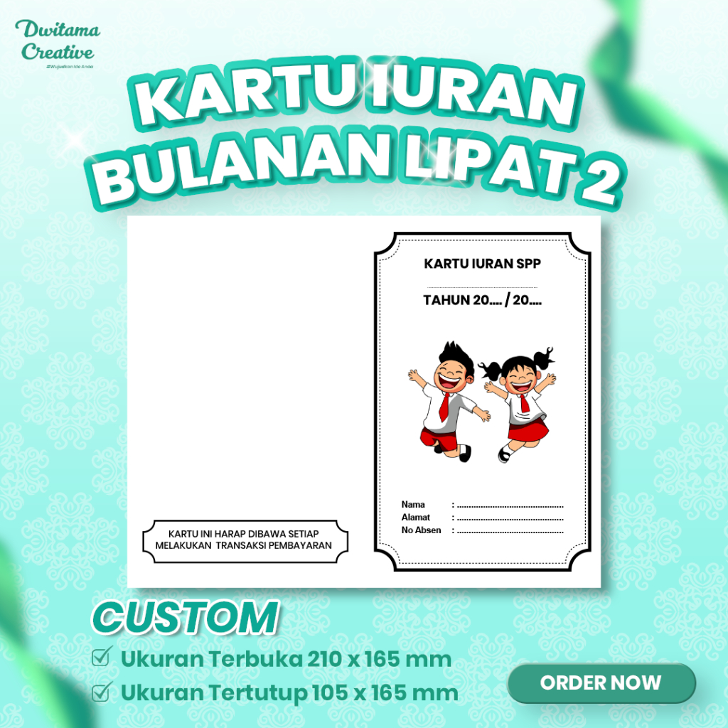 Kartu Iuran Bulanan PAUD TK SD SMP SMA & Umum Lipat 2 - Bolak Balik