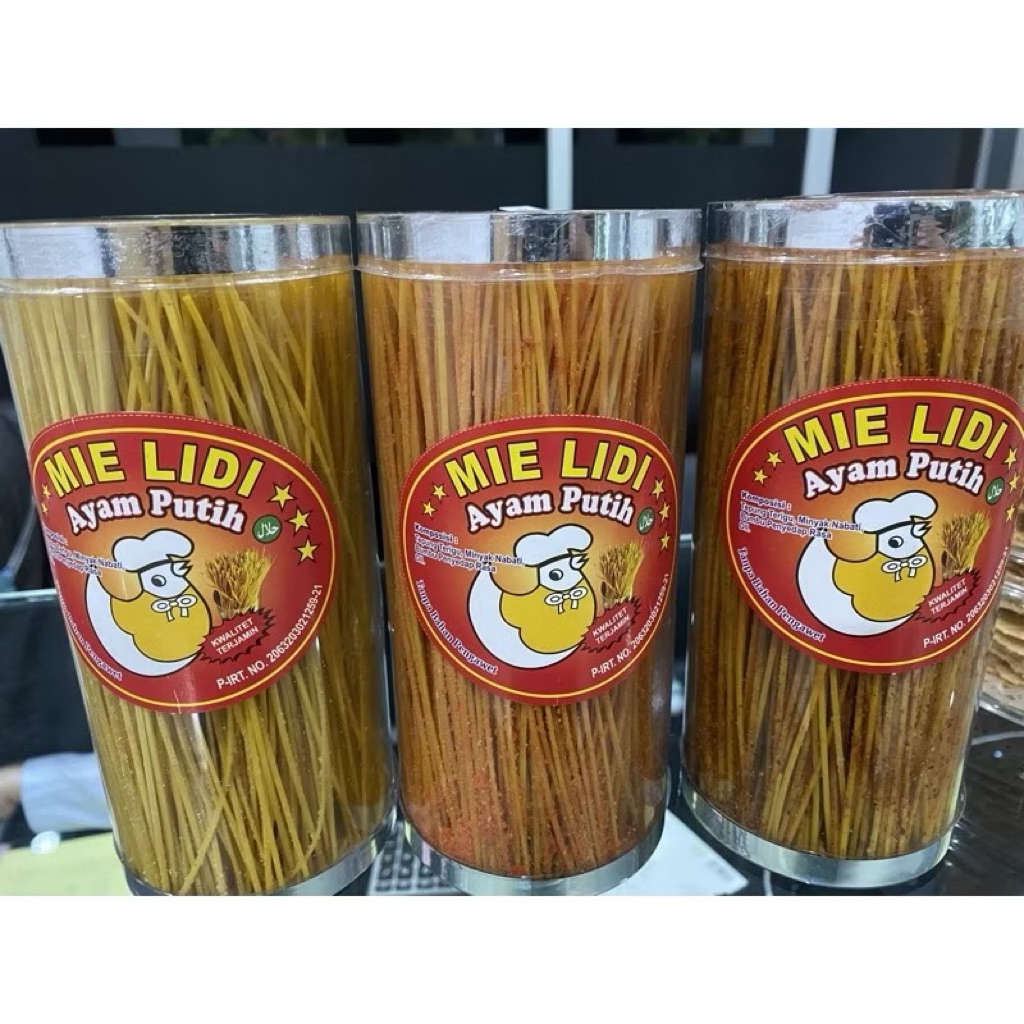 

MIE LIDI PEDAS TABUNG / BOX 200gr ARKENSNACK ( PEDAS / ASIN / BALADO ) CAP AYAM PUTIH