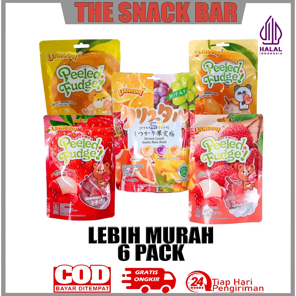 

Permen Jelly Lunak Kupas Buah Peeled Fudge Permen buah Mangga Jeruk Strawberry Lychee dan Campuran Buah 100% Halal