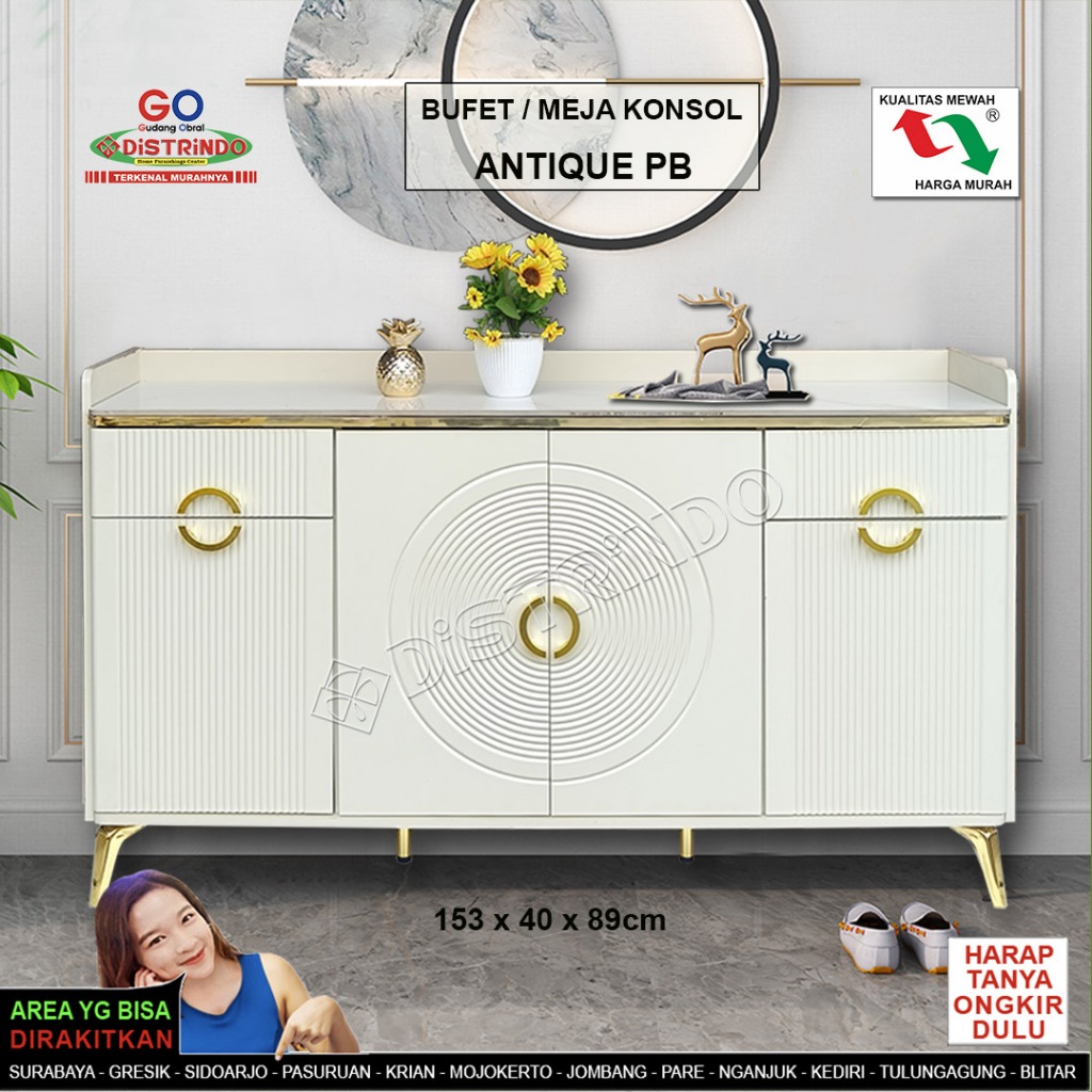 DISTRINDO Meja Konsol Mewah Estetik / Sideboard Lemari Serbaguna Kaki Besi