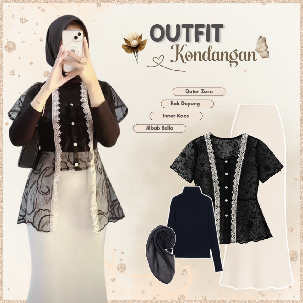 Outfit Kondangan Wanita Hijab (Outer Brokat Zora, Rok Duyung, Inner Manset, Jilbab Bella) - LW54