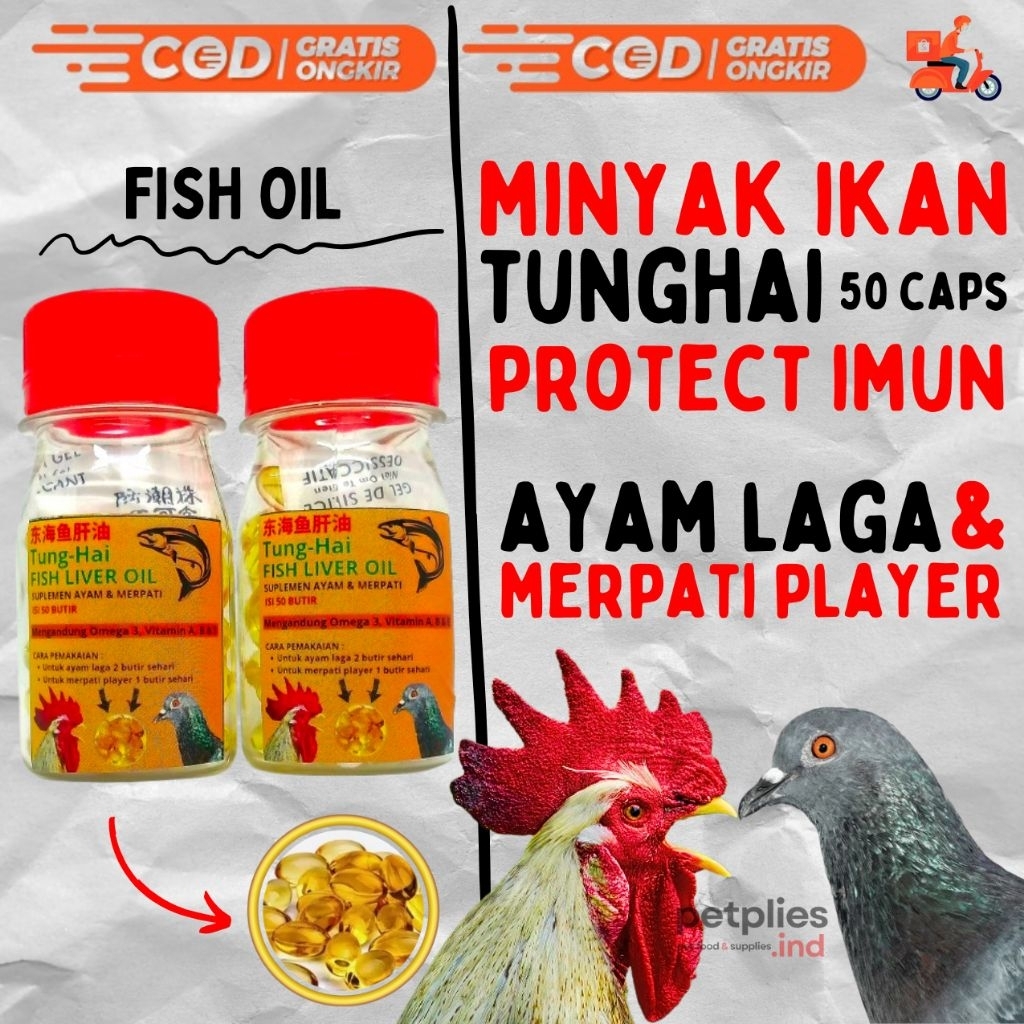 MINYAK IKAN AYAM LAGA & MERPATI - 50 BUTIR TUNGHAI FISH SEMPATI TUNG HAI LIVER OIL MINYAK IKAN FISH 