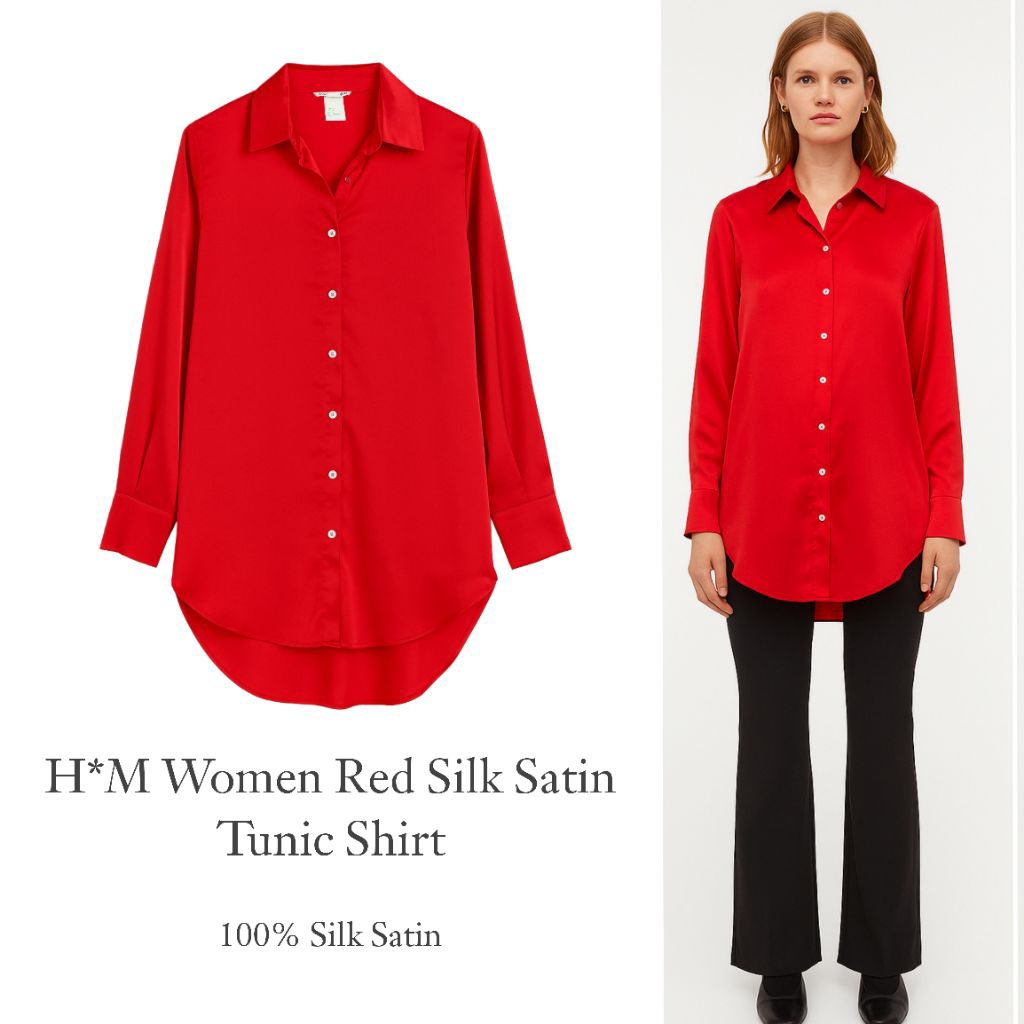 H*M Women Red Silk Satin Tunic Shirt / Tunik wanita branded  / Tunik wanita terbaru