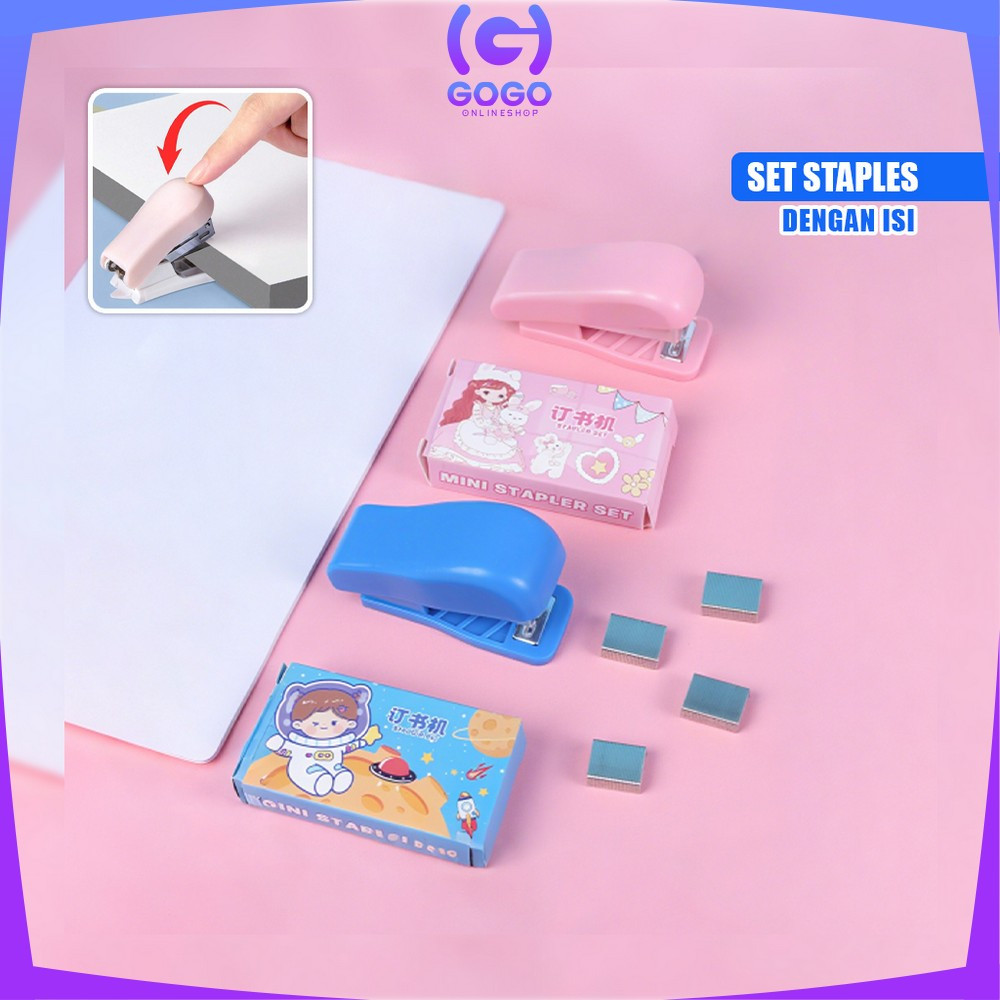 

GOGO-A50 Staples Mini Set Karakter Animal Warna Pastel Portable / Stapler Kecil Set Isi Hekter 24/6 Stasionary Perlengkapan Kantor Import