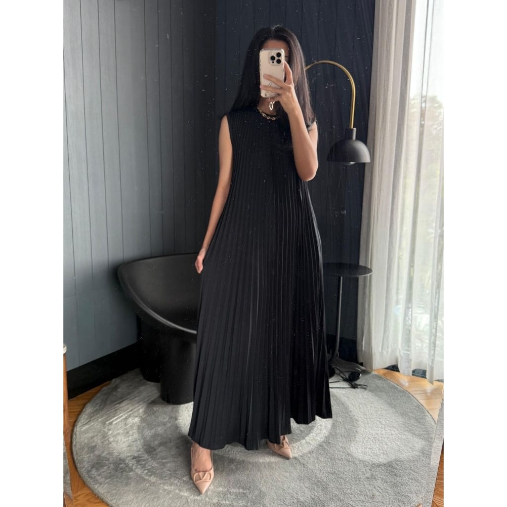 Kelly Inner Maxi Dress Prisket Payung Maxy Flare Pleated Panjang Polos