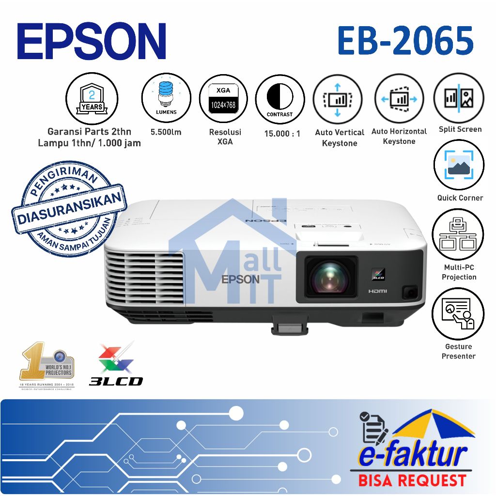 MALLIT EPSON Proyektor EPSON EB-2065 EB2065 EB 2065 Proyektor Bagus Berkualitas 3LCD Garansi Resmi M