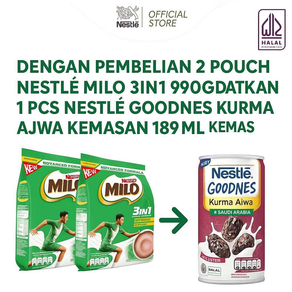 

Nestle Milo 3in1 Coklat 2Pouch X 990gram Gratis Nestle Goodnes Kurma Ajwa 189ml
